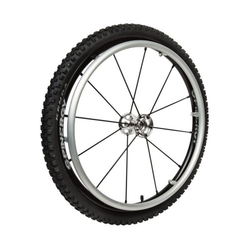 26" Spinergy Offroad LX with tyre and aluminium pushrim, silver hub, 12 black spokes