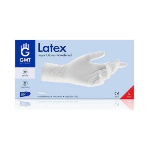 Γάντια Latex GMT Με Πούδρα Λευκό Χρώμα 100τμχ 