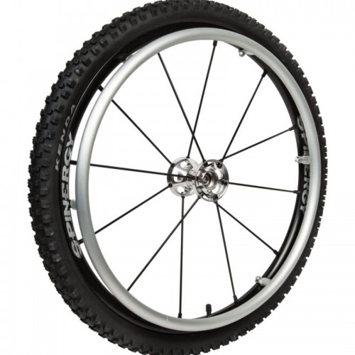 24" Spinergy Offroad LX with tyre and aluminium pushrim, silver hub, 12 black spokes