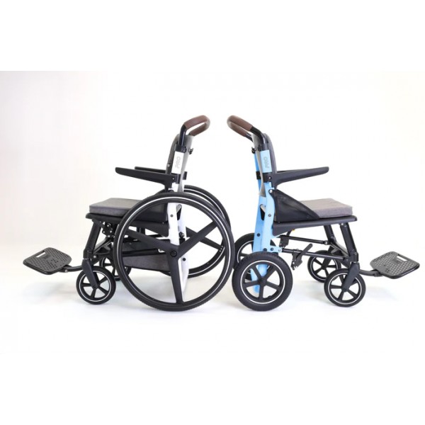 Χειροκίνητο αναδιπλούμενο αναπηρικό αμαξίδιο με μεσαίους τροχούς και αναδιπλούμενο ενιαίο υποπόδιο (λευκό & μπλε)